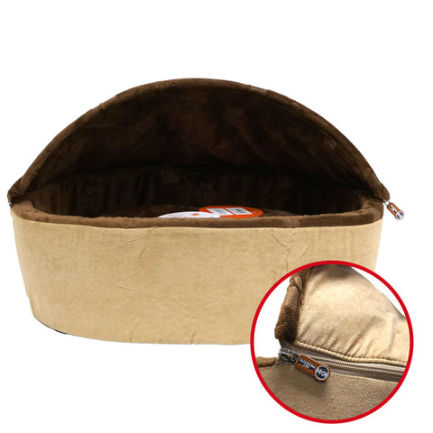 K & H Self Warming Hooded Kitty Bed Choc/Tan 50cm Diameter