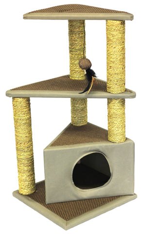 PaWise Seagrass Twin Cat Platform with House & Play Toy